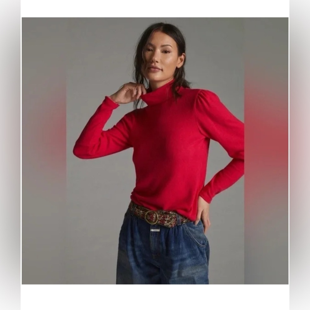 NWT Anthropologie Puff Sleeve‎ Ballon Turtleneck Sweater Hot Pink M